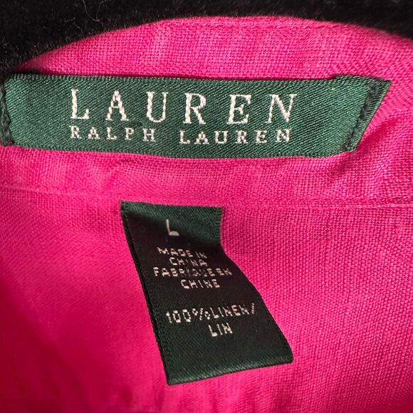 Lauren Ralph Womens Large Pink Linen Roll Tab Sleeve Button Down Shirt Blouse - Picture 2 of 3